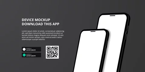 Fotobehang landing page banner advertising for downloading app for mobile phone, 3D double smartphone device mockup. Download buttons with scan qr code template. © andinur