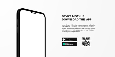 landing page banner advertising for downloading app for mobile phone, 3D smartphone device mockup. Download buttons with scan qr code template. - obrazy, fototapety, plakaty