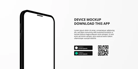 Fotobehang landing page banner advertising for downloading app for mobile phone, 3D smartphone device mockup. Download buttons with scan qr code template. © andinur