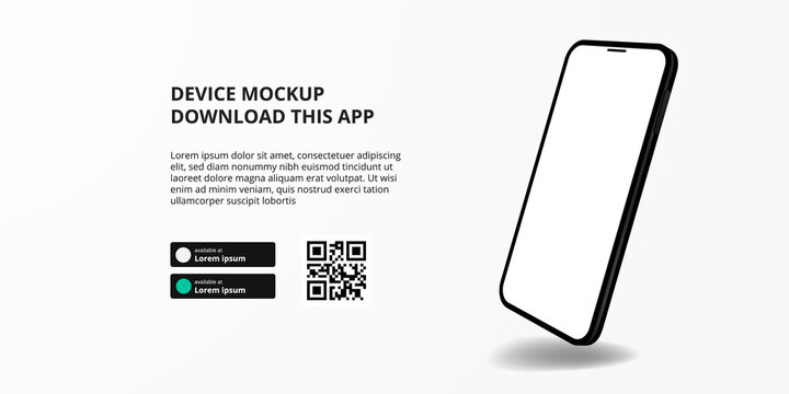 landing page banner advertising for downloading app for mobile phone, 3D float smartphone device mockup. Download buttons with scan qr code template.