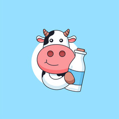 cute cow holding fresh milk bottle animal mascot logo cartoon vector illustration