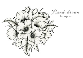 Elegant wedding bouquet isolated on white, spring blossom composition, hand drawn beautiful botanic illustration and black ink floral sketch for cards, greetings, prints, weddings or invites