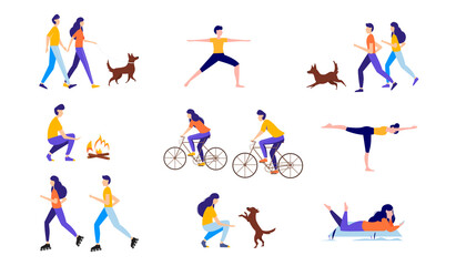 Fototapeta na wymiar Happy men and women doing various summer activities: running, walking the dog, cycling, traveling, doing yoga. Vector illustration.