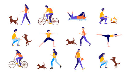 Fototapeta na wymiar Big set with people. People performing summer outdoor activities. Active lifestyle concept. Vector illustration.
