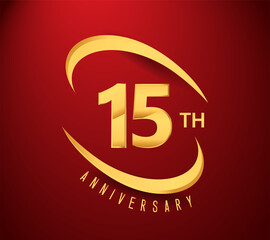 15th years anniversary with swoosh design golden color isolated on red background for celebration
