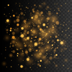 Gold glittering star dust. Vector transparent glow light effect