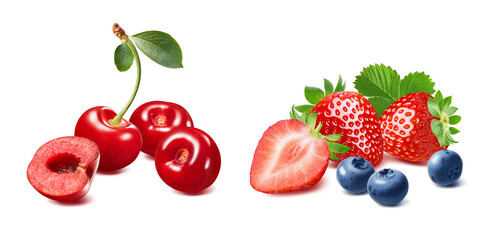 Cherry, strawberry and blueberry set isolated on white background