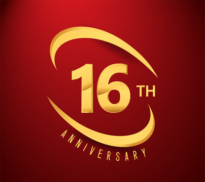 16th years anniversary with swoosh design golden color isolated on red background for celebration