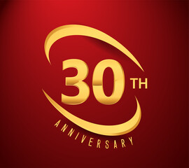 30th years anniversary with swoosh design golden color isolated on red background for celebration