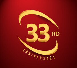 33rd years anniversary with swoosh design golden color isolated on red background for celebration