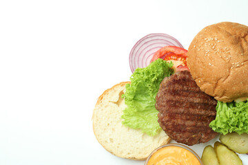 Concept of cooking burger on white background, top view