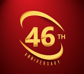46th years anniversary with swoosh design golden color isolated on red background for celebration