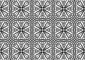 seamless patchwork with drawn folk style floral ornaments on a white background for coloring, vector