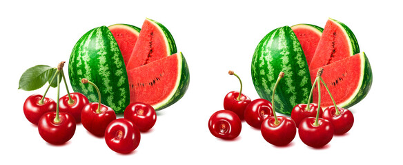 Sweet red cherries and watermelon set isolated on white background