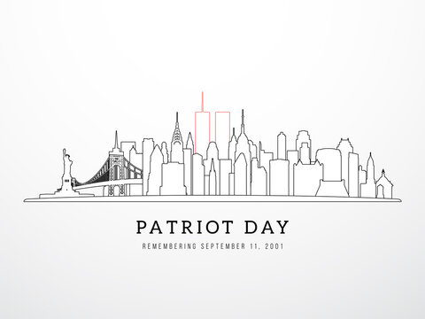 Patriot Day 9-11 banner. New York skyline view September 11, 2001. NYC in linear style. Poster, card, banner and background. Stock Vector illustration.
