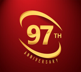 97th years anniversary with swoosh design golden color isolated on red background for celebration