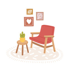 Vector illustration of living room interior with armchair, plant, pictures