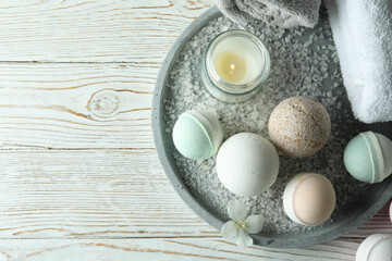 Body care concept with bath balls, space for text