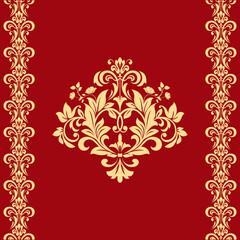 Damask graphic ornament. Floral design element. Gold and red vector pattern