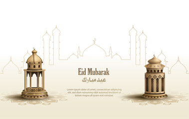 islamic greeting eid mubarak card design background with beautiful lanterns 