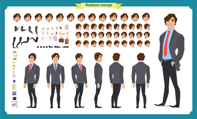 People character business set. Front, side, back view animated character. Businessman character creation set with various views, face emotions, poses and gestures.Cartoon style, flat isolated vector