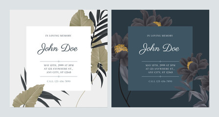 Floral memorial and funeral invitation card template design, bright and dark theme - obrazy, fototapety, plakaty