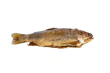Smoked trout isolated on a white background, delicious and healthy fish preparation with saturated omega-3 fatty acid, copy space, high angle view from above