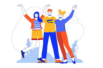 Happy people standing together web concept. Man and women hugging and raising hands. Friends team. Vector illustration in minimal flat design for blog, app design, onboarding screen, social media