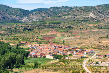Fototapeta na wymiar High angle view of a town in nature landscape. Santo Domingo de Moya, Cuenca, Castilla-La Mancha, Spain
