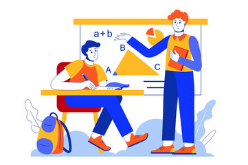 School learning web concept. Teacher teaches in lesson, student learns in classroom, pupil studying. Vector illustration in minimal flat design for blog, app design, onboarding screen, social media