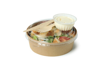 Delivery bowl with Caesar salad isolated on white background