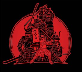 Samurai Warriors with Weapons Action Group of Ronin Japanese Fighter Cartoon Graphic Vector