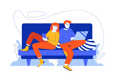 Girl and boy surfing internet web concept. Kids with gadgets browsing in social media, chatting online. Vector illustration in minimal flat design for blog, app design, onboarding screen, social media