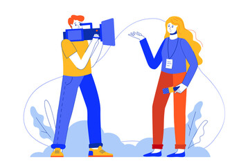 Internet news web concept. Journalist with microphone records reportage or video for online media. Vector illustration in minimal flat design for blog, app design, onboarding screen, social media