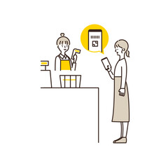 QRコードで支払いをする男性のイラスト キャッシュレス支払い - Woman paying with a smartphone