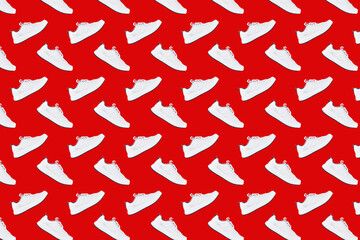 Seamless pattern with white sneakers on red background. Sport shoe close up. Street fashion style