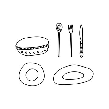 Hand drawn vector illustration of kitchen utensils - plates, bowl, spoon, fork and knife. Abstract cartoon doole style isolated on white background.