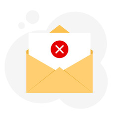 Opened the envelope with a document. The official decline cancellation message. Vector flat illustration.