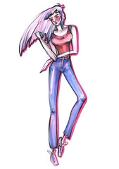 sketch illustration with markers full length girl with long hair in jeans and colored hair