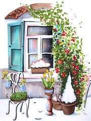 Fototapeta na wymiar sketch markers exterior street of a European city with a window and turquoise shutters buried in flowers and greenery potted plants and decor