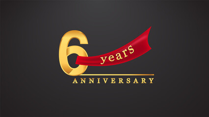 6th anniversary design logotype golden color with red ribbon for anniversary celebration - obrazy, fototapety, plakaty