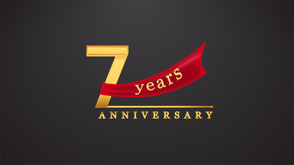 7th anniversary design logotype golden color with red ribbon for anniversary celebration
