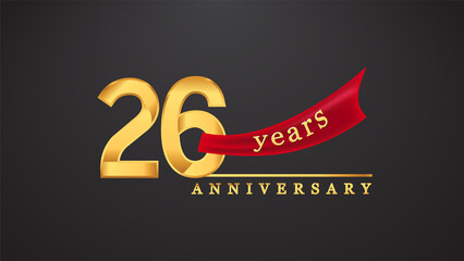 26th anniversary design logotype golden color with red ribbon for anniversary celebration