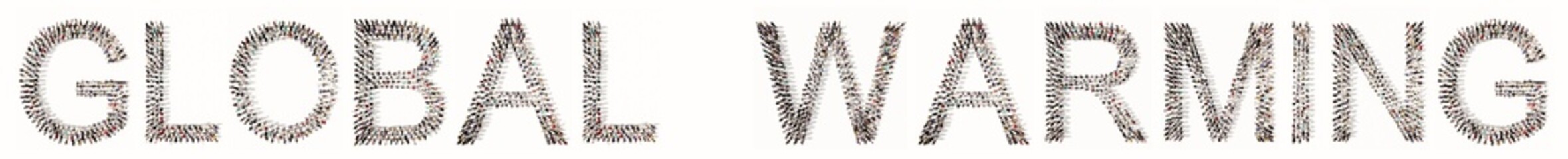 Concept or conceptual large community of people forming  GLOBAL WARMING messag. 3d illustration metaphor for climate change, toxic emission, smog, pollution, drought,  ecology and conservation