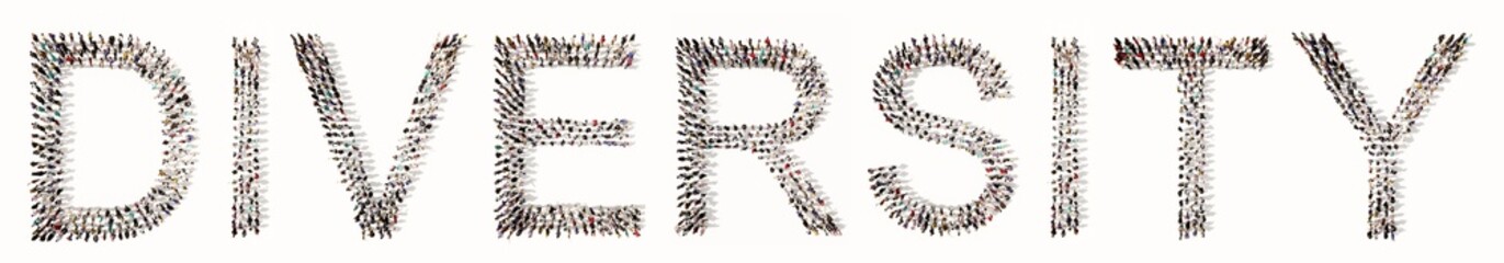 Concept or conceptual large community of people forming DIVERSITY message. 3d illustration metaphor to multiracial, multiethnic, community, teamwork, friendship, tolerance, inclusion and respect