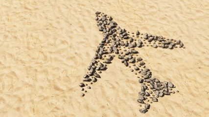 Concept conceptual stones on beach sand handmade symbol shape, golden sandy background, airplane sign. 3d illustration metaphor for modern, fast, comfortable,  secure transportation, holiday  business