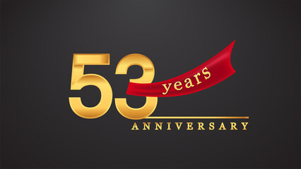 53rd anniversary design logotype golden color with red ribbon for anniversary celebration