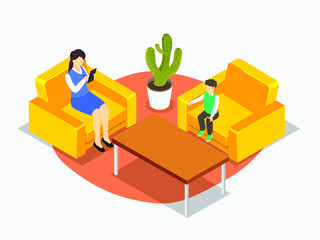 Small kid having a consultation with a Psychologist isometric 3d vector concept for banner, website, illustration, landing page, flyer, etc.