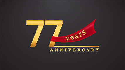 77th anniversary design logotype golden color with red ribbon for anniversary celebration