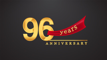 96th anniversary design logotype golden color with red ribbon for anniversary celebration - obrazy, fototapety, plakaty
